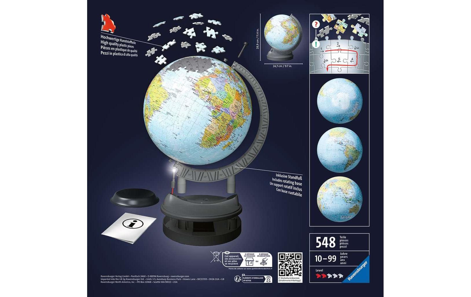 Ravensburger 3D Puzzle – Globus mit LED-Licht, 548 Teile, ab 10 Jahren, Mehrsprachig (d/f/i/e)