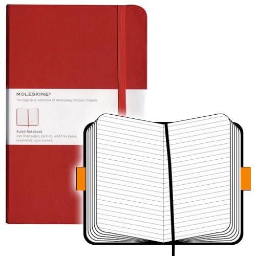 Moleskine Notizbuch, 130 × 210 mm, liniert, Leimbindung, Hardcover, 240 Seiten, 70 g/m² – rot