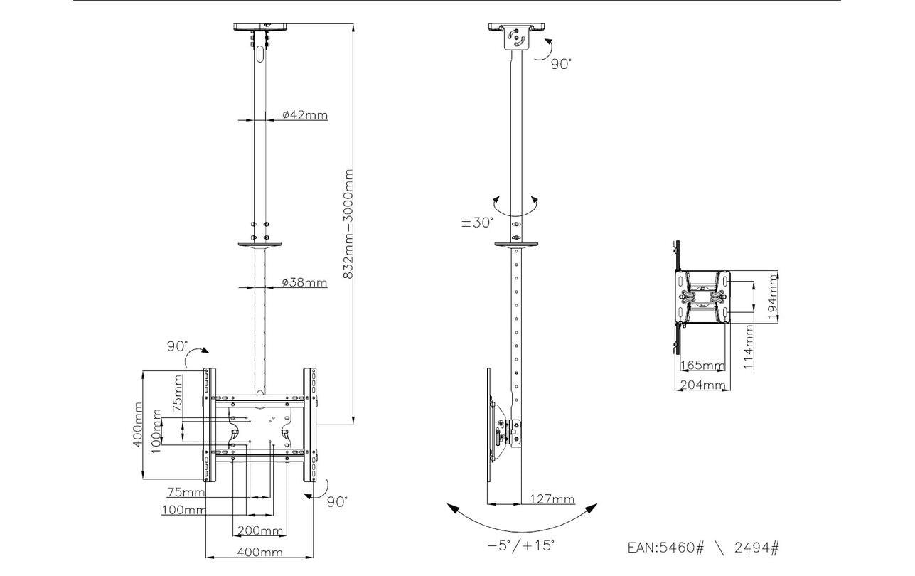 Multibrackets MS – Deckenhalterung, bis 55", bis 70 kg, höhenverstellbar, schwarz