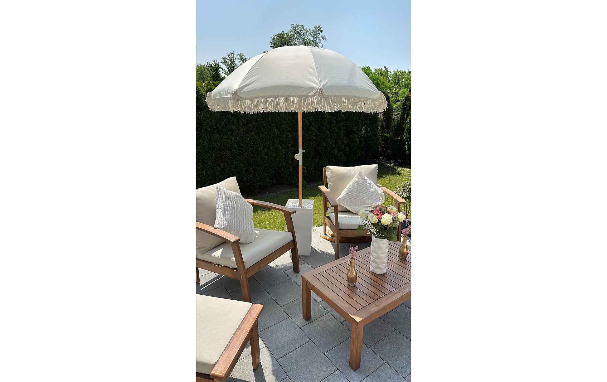 KOOR Strandschirm – rund Ø 150 cm, 180 cm hoch, Polyester, Holzstange, beige, für Aussenbereich