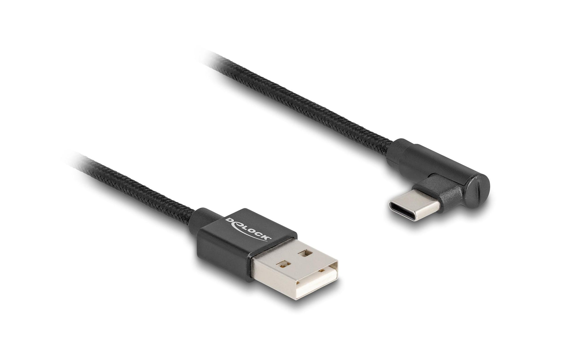 DeLOCK USB-A auf USB-C Kabel – USB 2.0 (480 Mbit/s) – 1 m – Textilmantel, Abgewinkelt – Schwarz