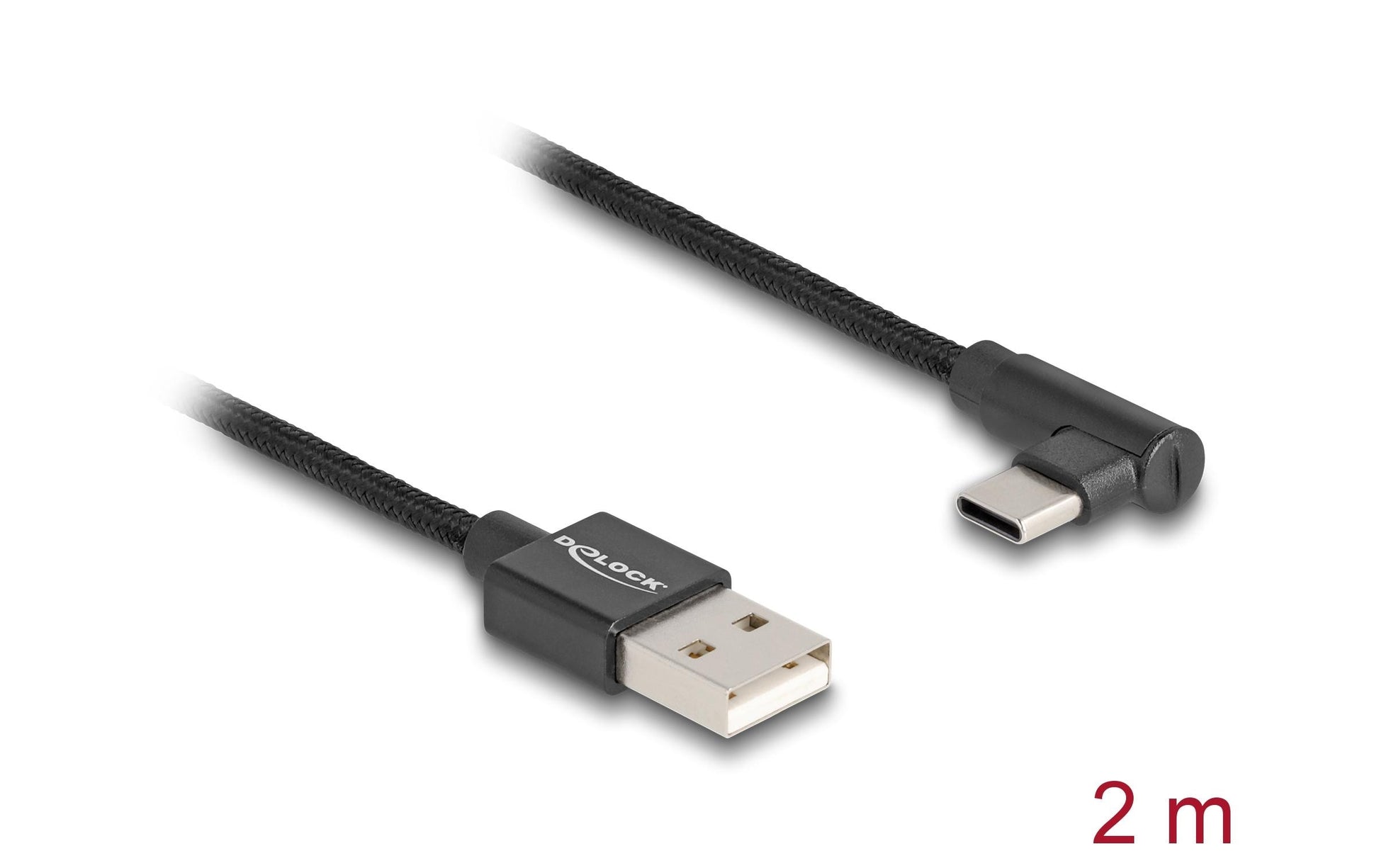 DeLOCK USB-A auf USB-C Kabel – USB 2.0 (480 Mbit/s) – 2 m – Textilmantel, Abgewinkelt – Schwarz