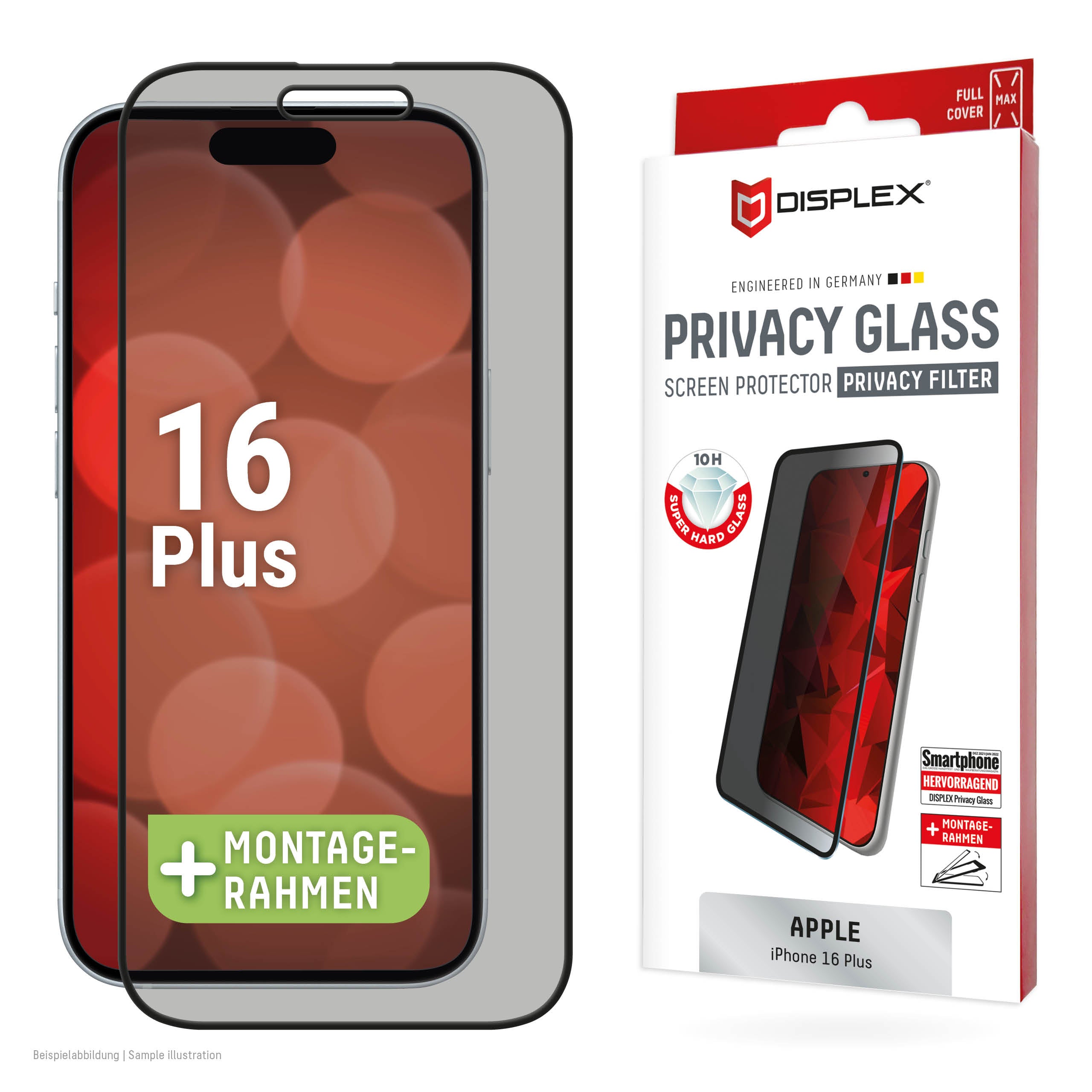 Displex Privacy-Filter (Panzerglas), Full Cover – für iPhone 16 Plus – mit Applikator