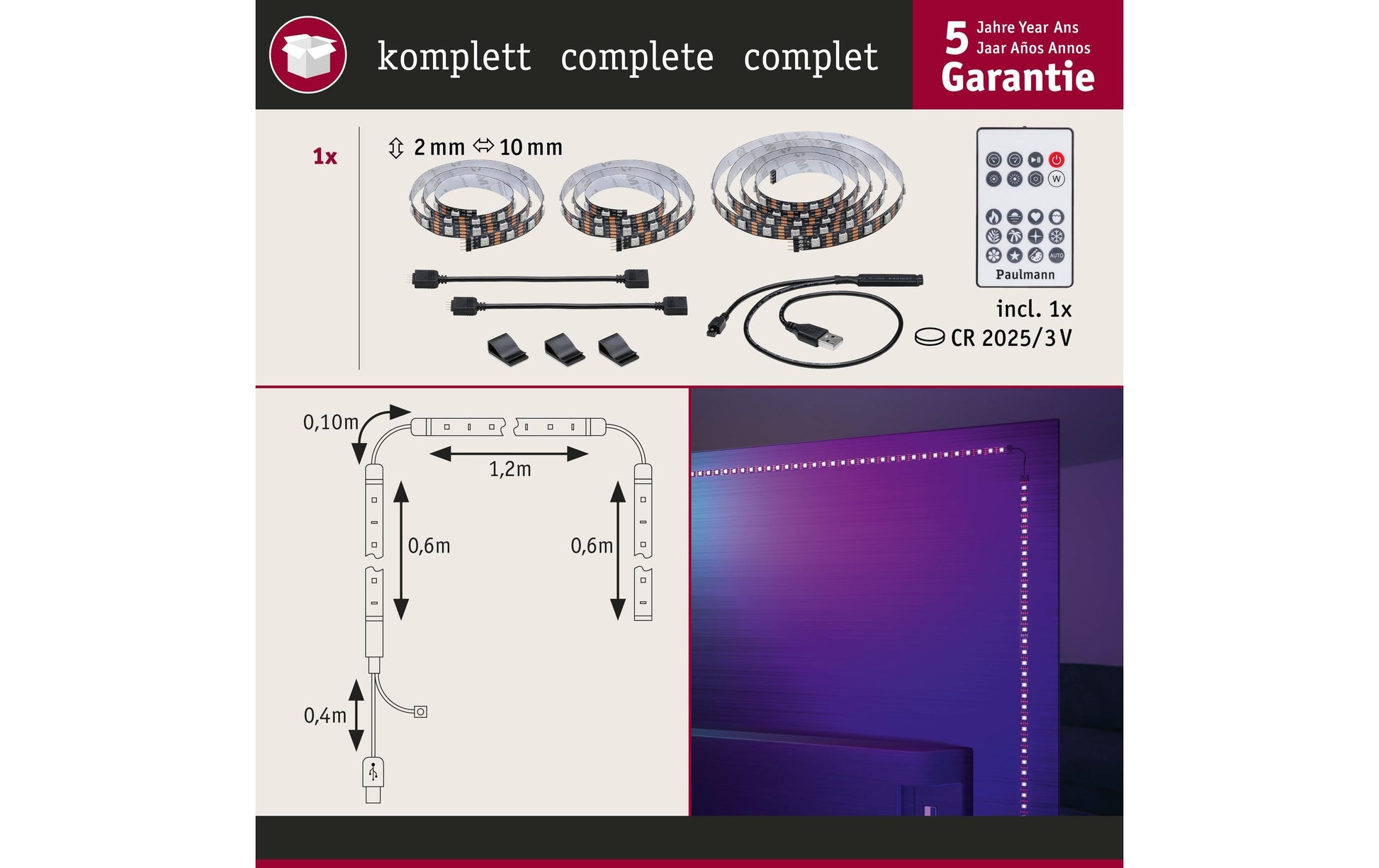 Paulmann LED-Strip – 2,4 m, 4 W, RGB, dimmbar, schwarz, USB, Fernbedienung, für 65"
