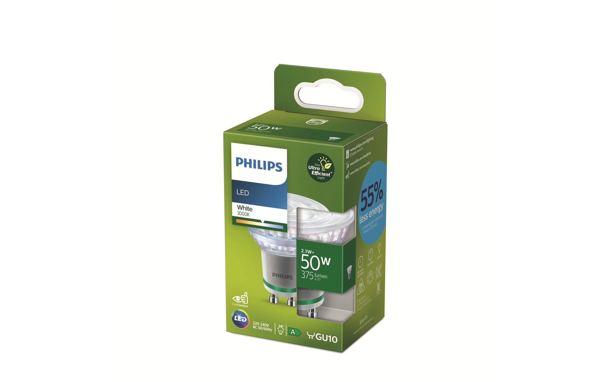 Philips by Signify Philips LED-Leuchtmittel GU10 Spot – 375 lm, 2,1 W, Warmweiss 3000 K – 36° – 1 Stk. – Transparent/Glas
