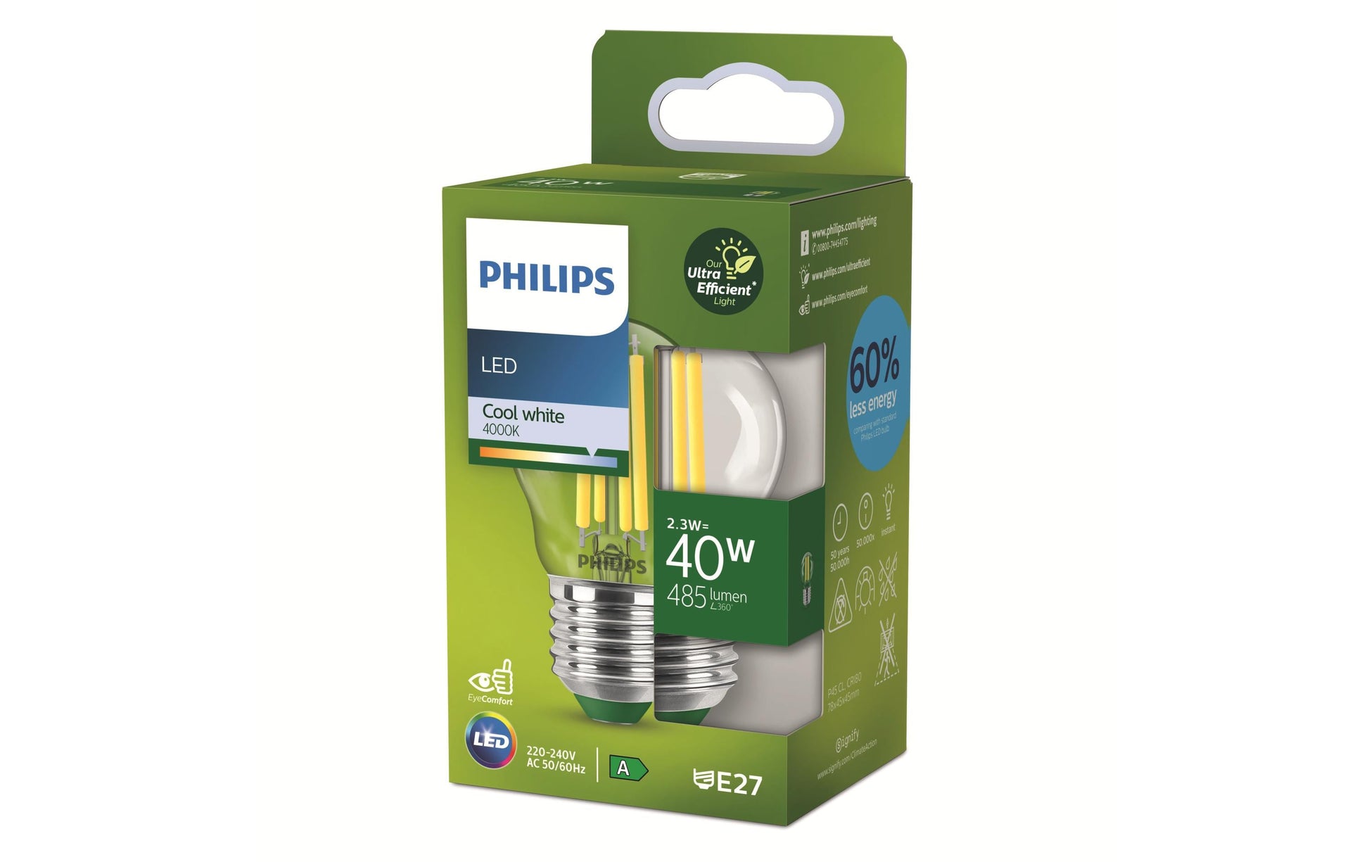 Philips by Signify Philips LED-Leuchtmittel E27 A60 – Neutralweiss 4000 K, 485 lm, 2,3 W – 1 Stk. – Transparent, Glas