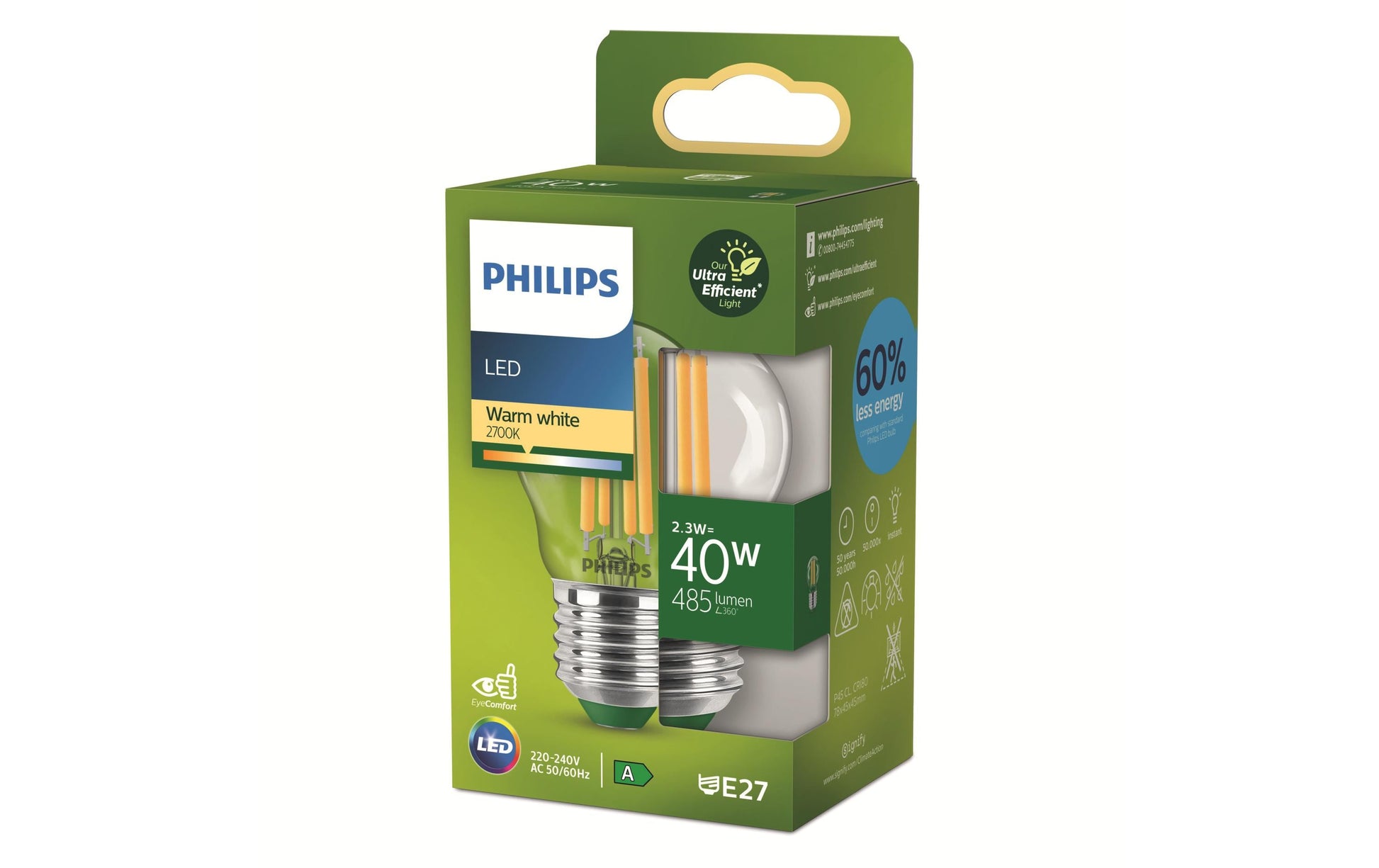 Philips by Signify Philips LED-Leuchtmittel E27 A60 – Warmweiss 2700 K, 485 lm, 2,3 W – 1 Stk., Transparent, Glas
