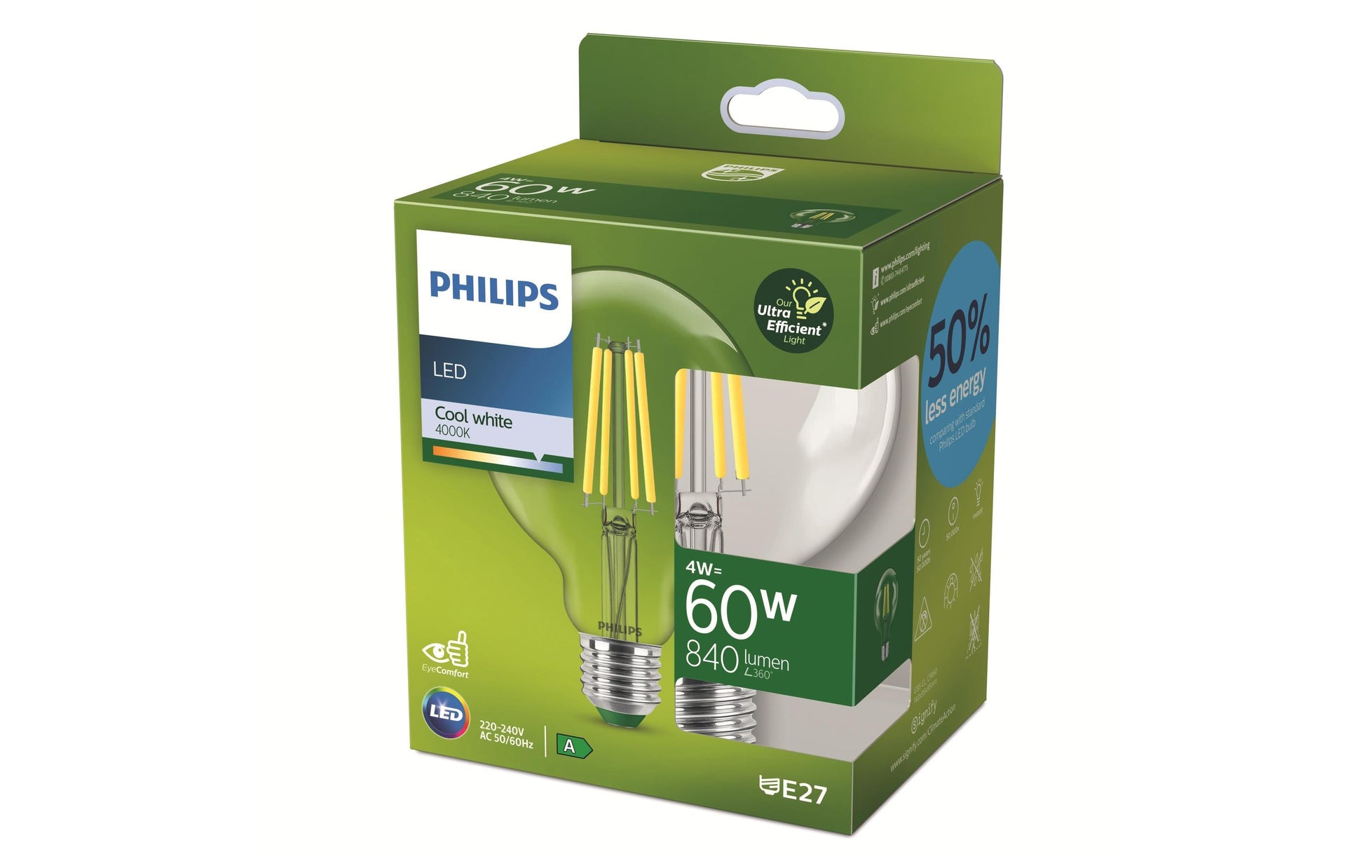 Philips by Signify Philips Leuchtmittel E27 Globus (G95) – Neutralweiss 4000 K, 840 lm, 4 W – 1 Stk. – Klar