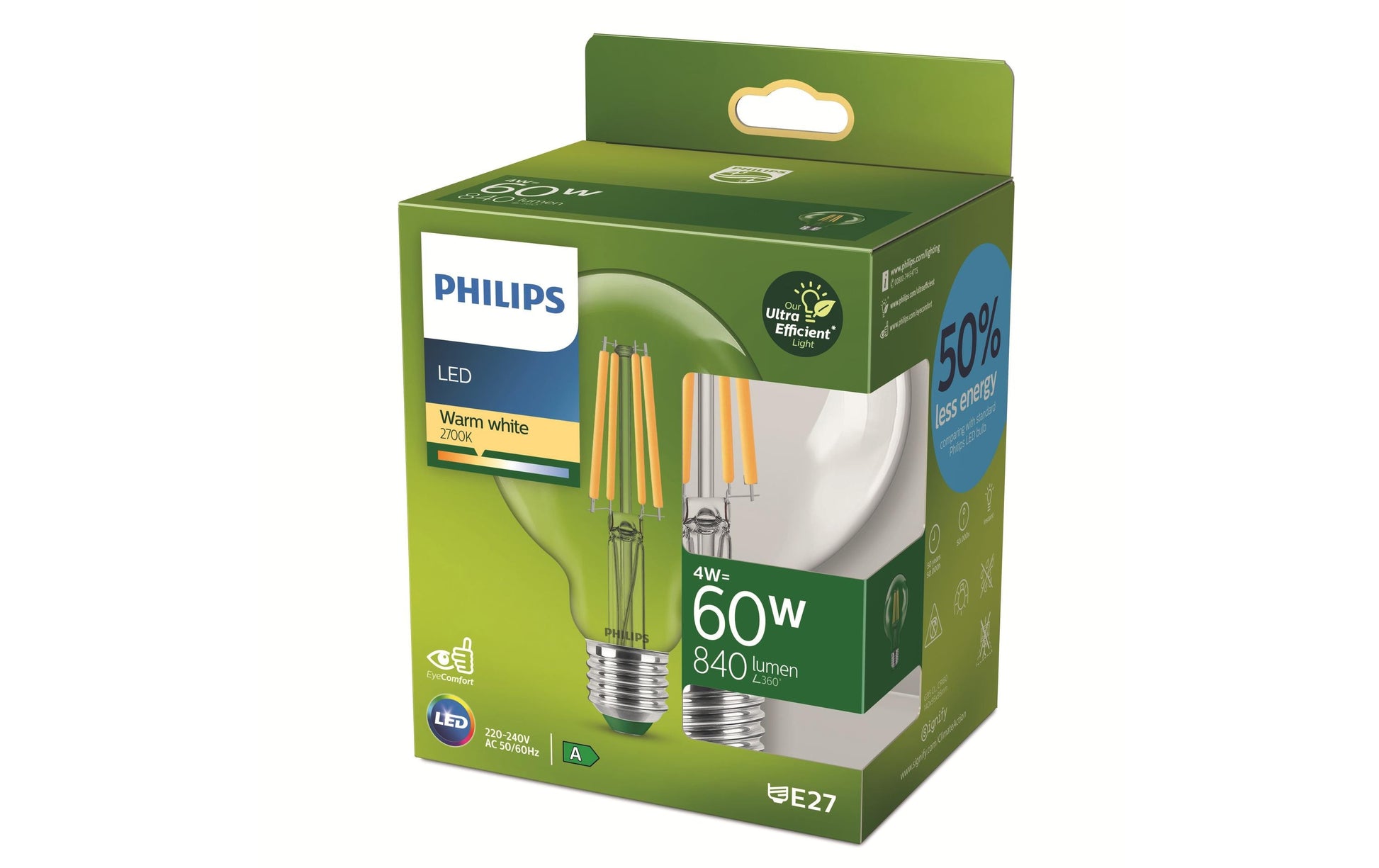 Philips by Signify Philips LED-Leuchtmittel E27 Globus (G95) – 840 lm, 4 W, Warmweiss 2700 K – Transparent, Glas – 1 Stk.