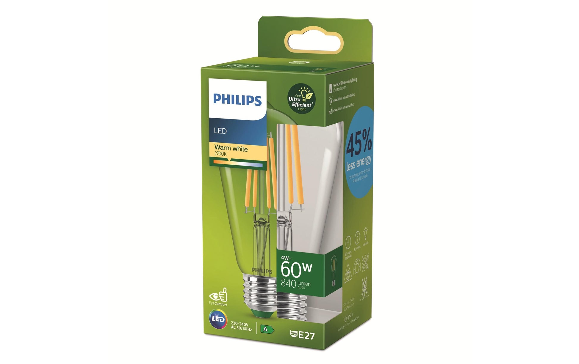 Philips by Signify Philips LED-Leuchtmittel E27 ST64 – Warmweiss 2700 K, 840 lm, 4 W – Transparent, 1 Stk.