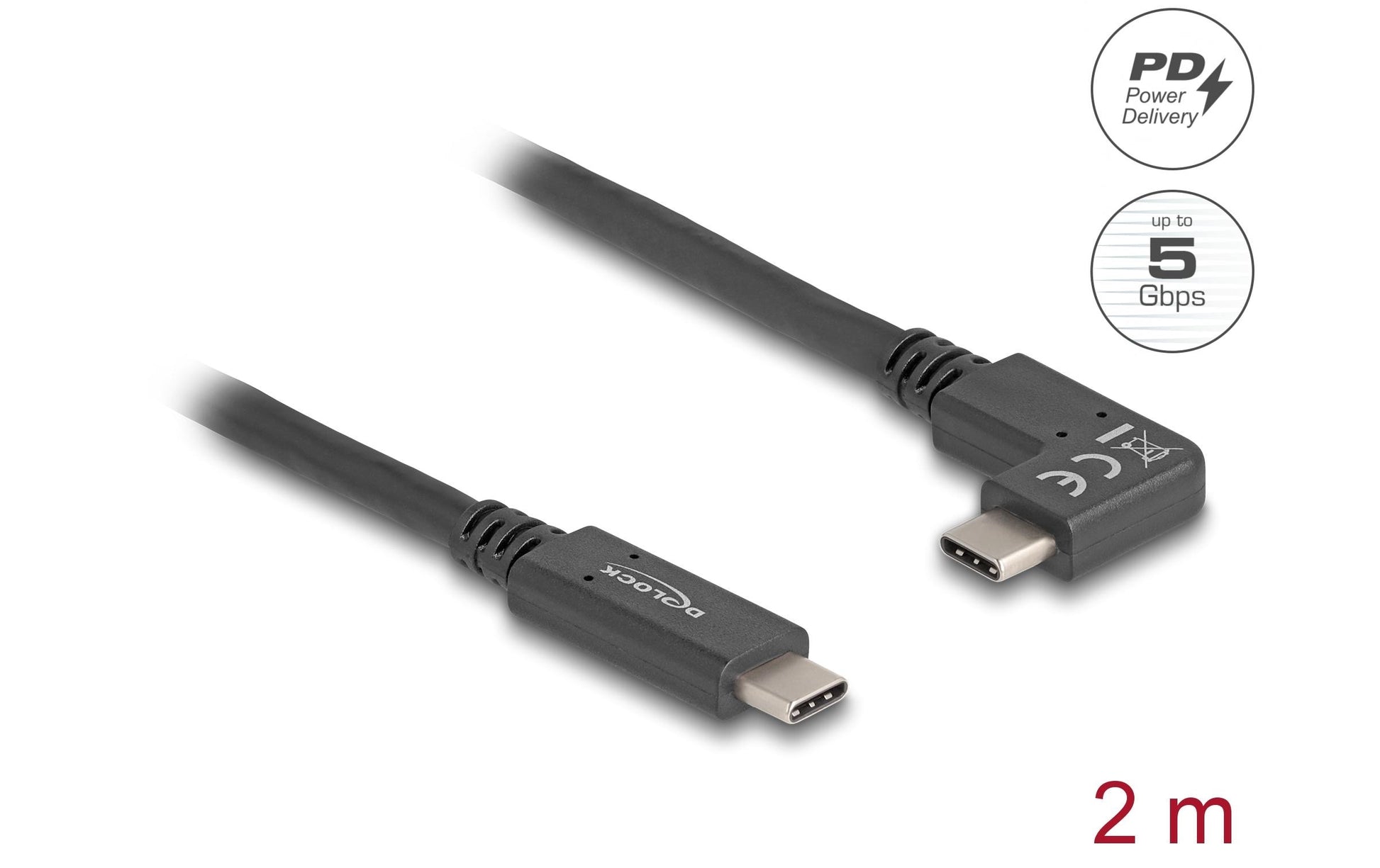 DeLOCK USB-C auf USB-C Kabel – USB 3.2 Gen 1 (5 Gbit/s) – 2 m – PD 60 W – Abgewinkelt – Schwarz