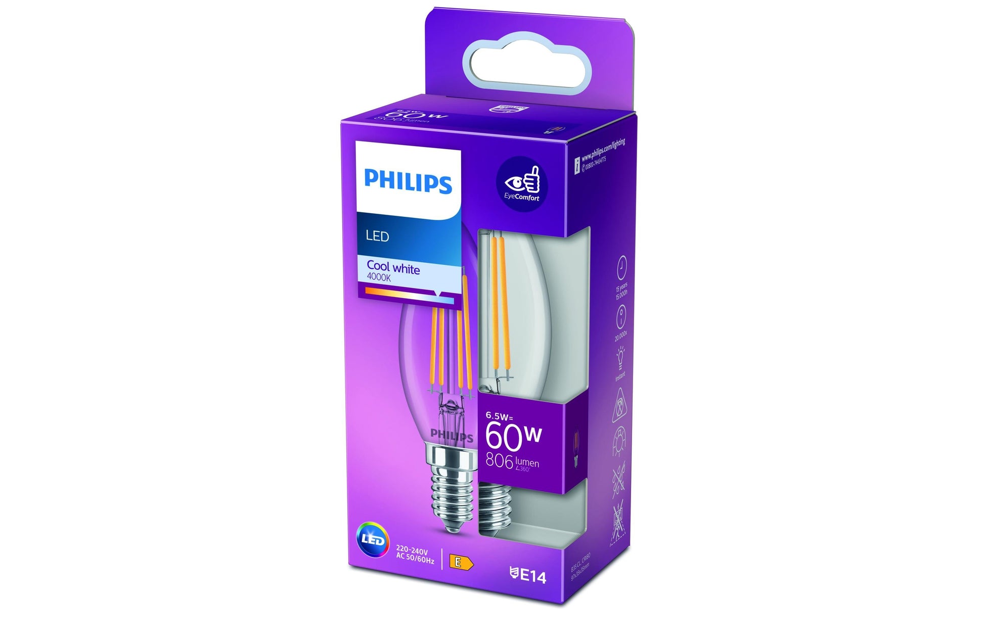Philips by Signify Philips LED-Leuchtmittel E14 B35 – Neutralweiss 4000 K, 806 lm, 6,5 W – IP44 – 1 Stk., Transparent/Glas