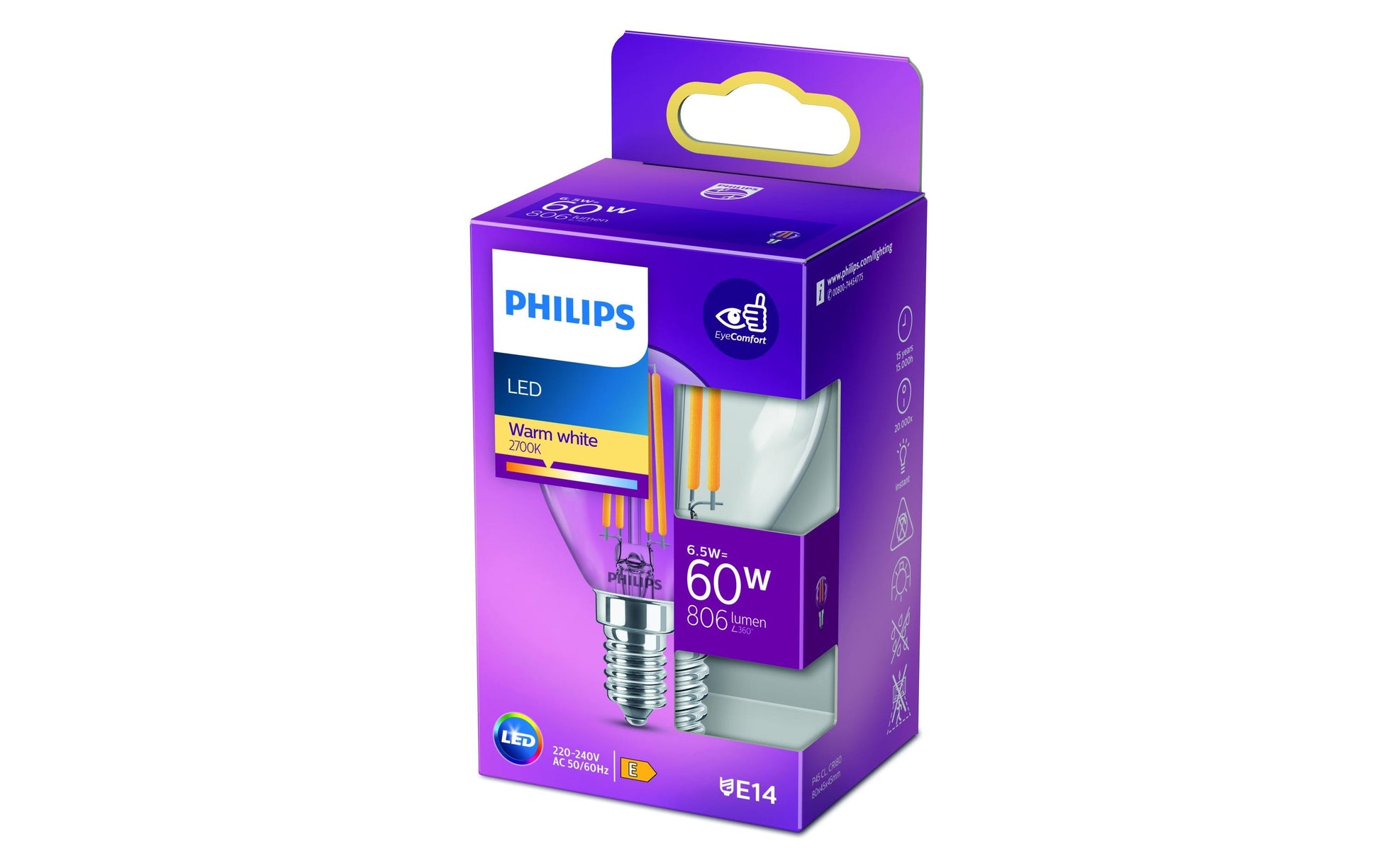 Philips by Signify Philips LED-Leuchtmittel E14 P45 – Warmweiss 2700 K, 806 lm, 6,5 W – IP20 – 1 Stk. – Transparent