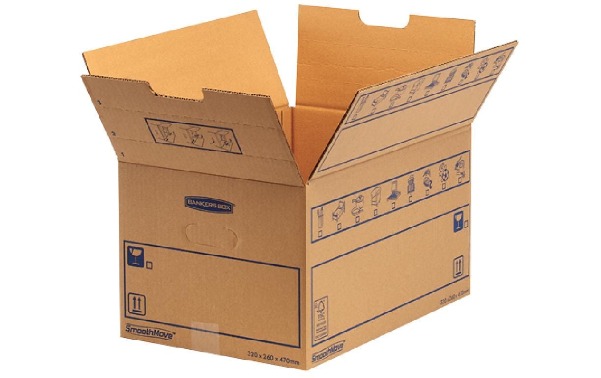 Fellowes Versandkarton SmoothMove Standard – 470 × 320 × 265 mm, 39 l, einwellig, natur – 10 Stk.