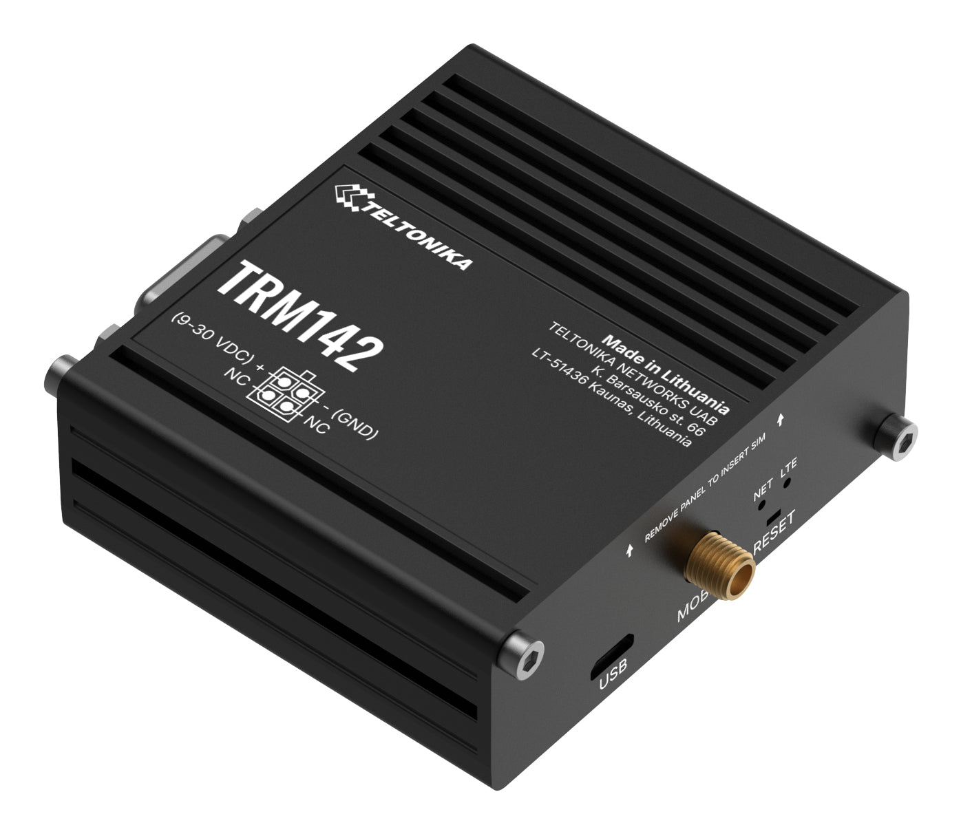 Teltonika TRM142 – 4G Modem, 2G/3G/4G, RS‑232 & Micro‑USB, Mini‑SIM, 9–30 V DC, Schwarz