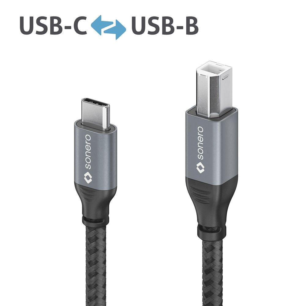 Sonero – USB-C auf USB-B Kabel – USB 2.0 (480 Mbit/s) – 2 m – Geflochten, Nylonmantel – Schwarz/Grau