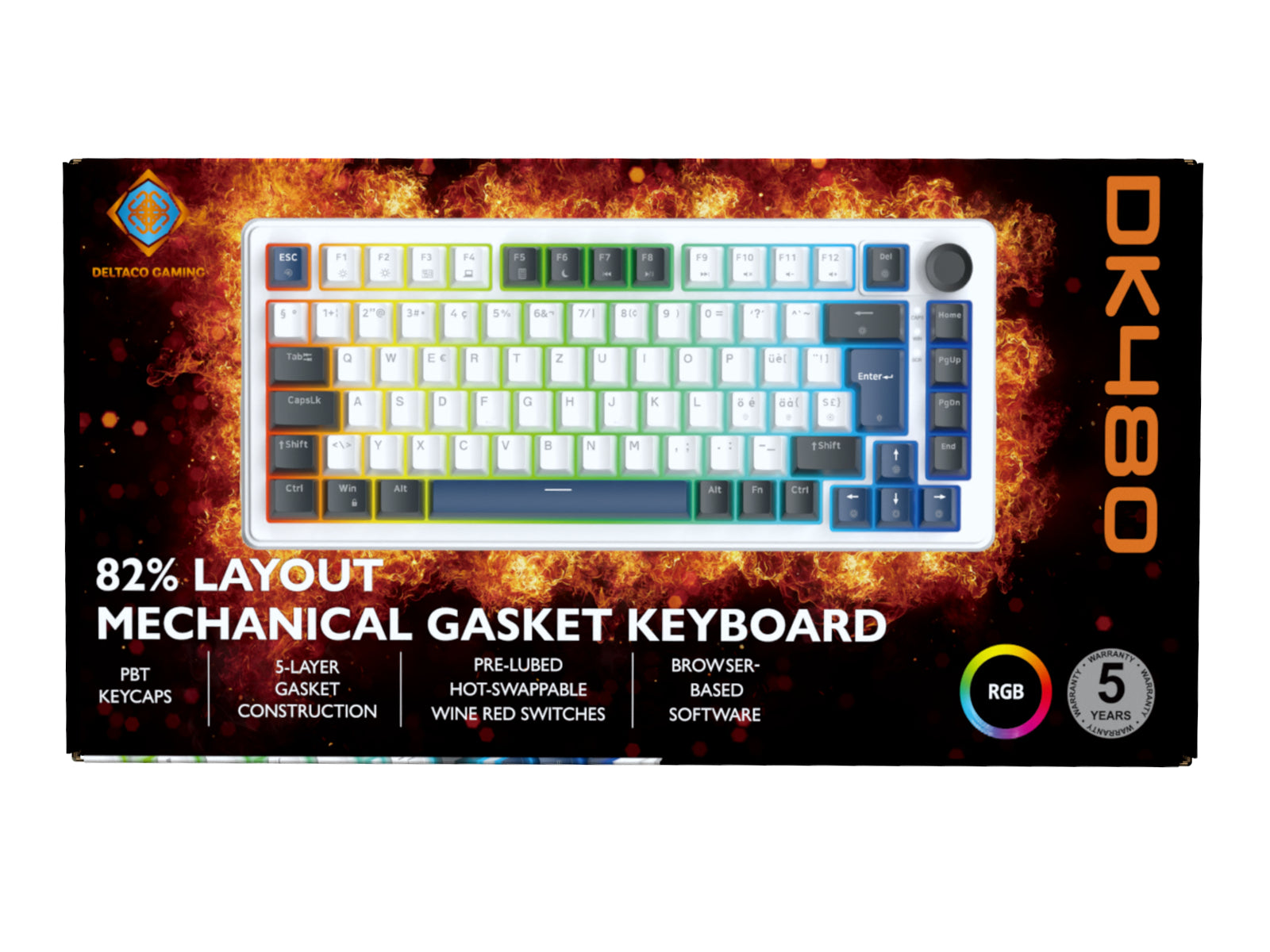 Deltaco Gaming DK480 GAM-205 – Gaming-Tastatur 75% – Mechanisch – Verkabelt (USB-C) – QWERTZ (CH) – RGB