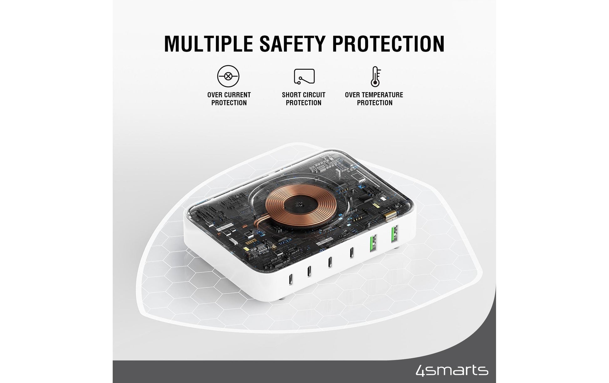 4smarts Ladestation – 2× USB-C (30 W) + 4× USB-A, Qi, GaN – für Qi-kompatible Geräte