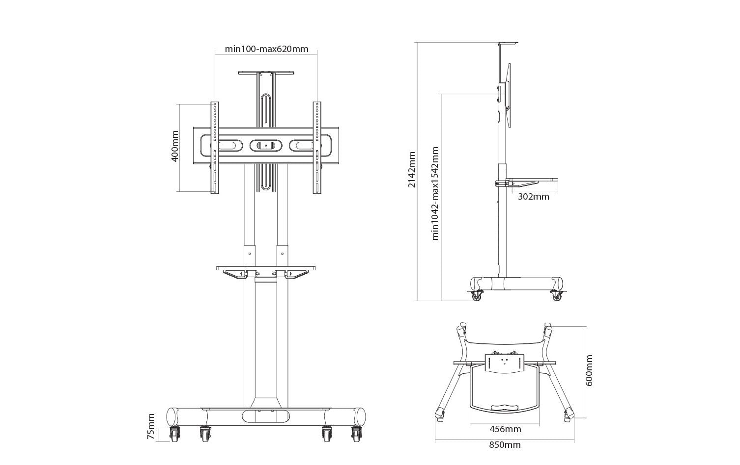 Neomounts NM-M1700BLACK – Trolley, höhenverstellbar, für 32–75", VESA 200×200–600×400, bis 50 kg, schwarz