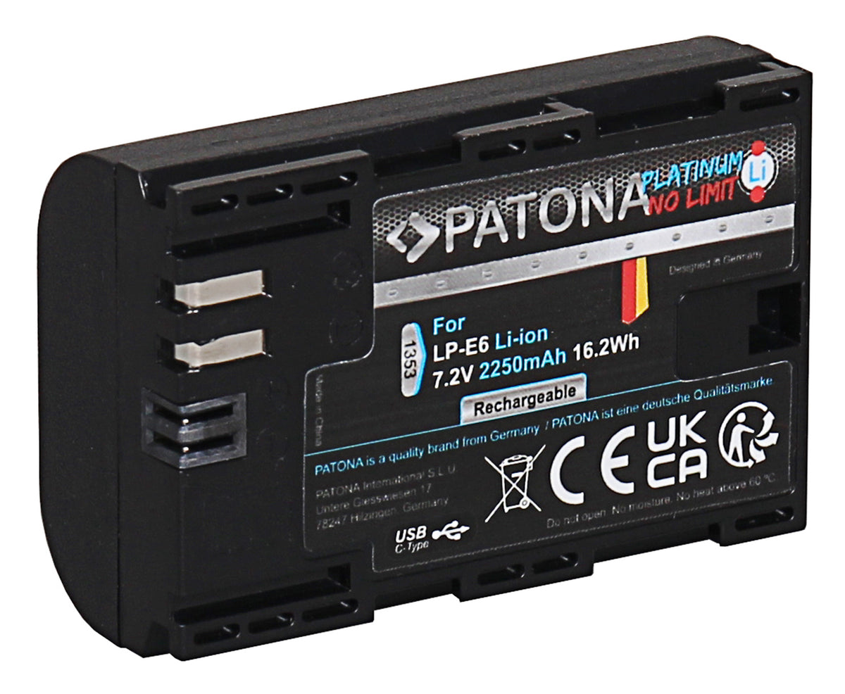 PATONA Platinum Akku LP-E6 – Lithium-Ion 2250 mAh, 7,2 V – für Canon EOS 70D, EOS 60D, EOS 60Da und andere