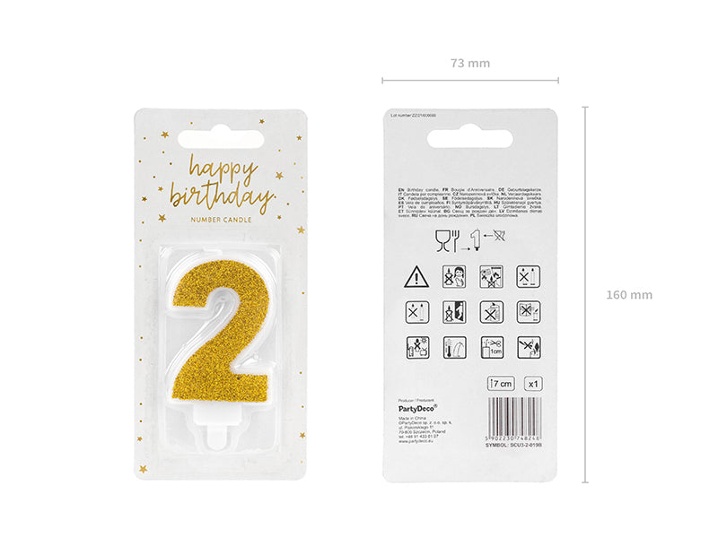 PartyDeco Geburtstagskerzen Zahl 2 – Gold – 7 cm – 1 Stk