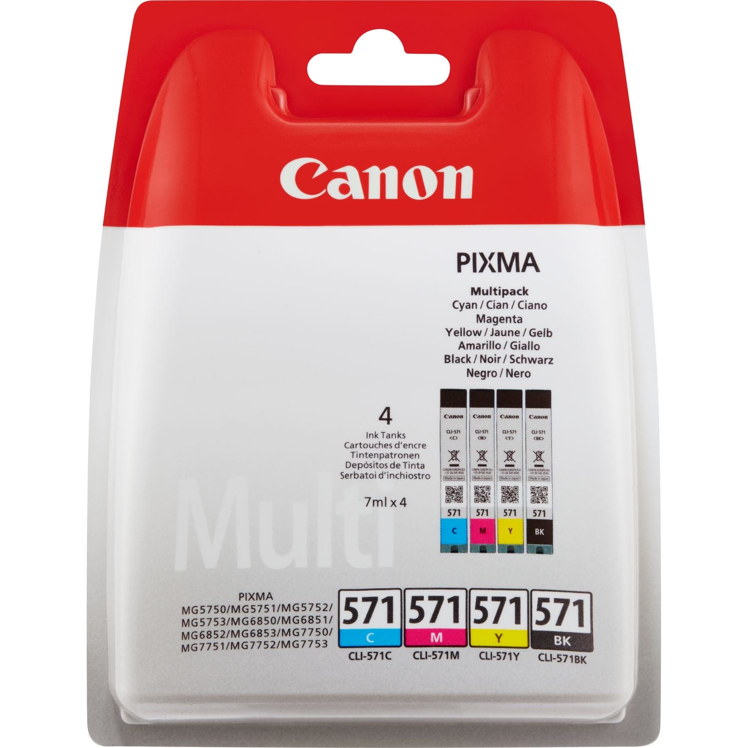 Canon CLI-571 Tintenpatronen-Multipack, Schwarz/Cyan/Magenta/Gelb (Original) – für Pixma MG575x/MG685x/MG775x