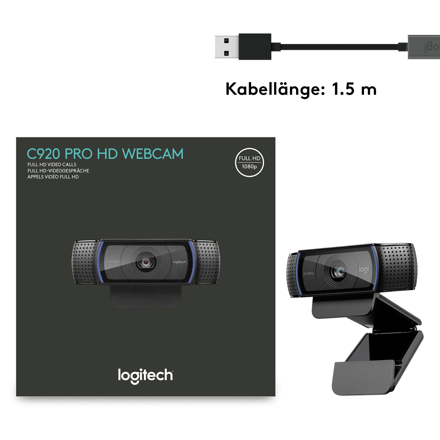 Logitech C920 Webcam – Full HD 1080p, 30 fps, Autofokus, USB 2.0 – Schwarz