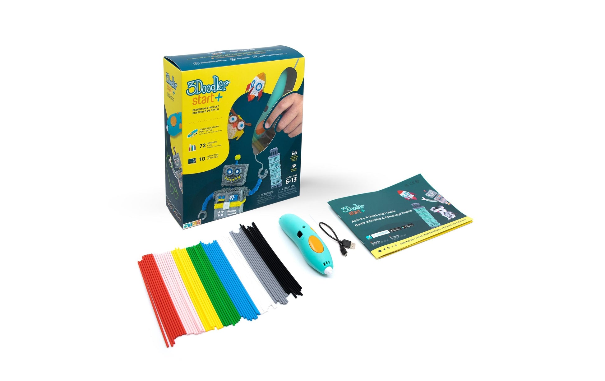3Doodler Start+ – 3D-Stift – Düsenbreite 0,77 mm, kompostierbarer Kunststoff, türkis, gelb, Set