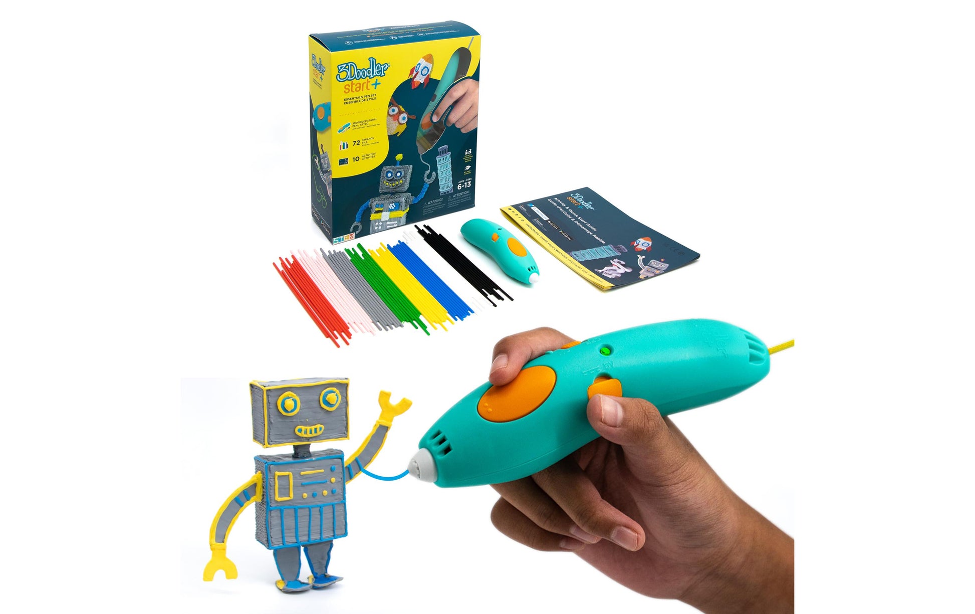 3Doodler Start+ – 3D-Stift – Düsenbreite 0,77 mm, kompostierbarer Kunststoff, türkis, gelb, Set