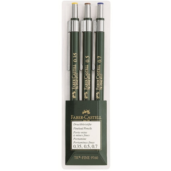 Faber-Castell TK-FINE 9760 Druckbleistift – 0,7 mm – Grün – mit Radierer – 3er-Set