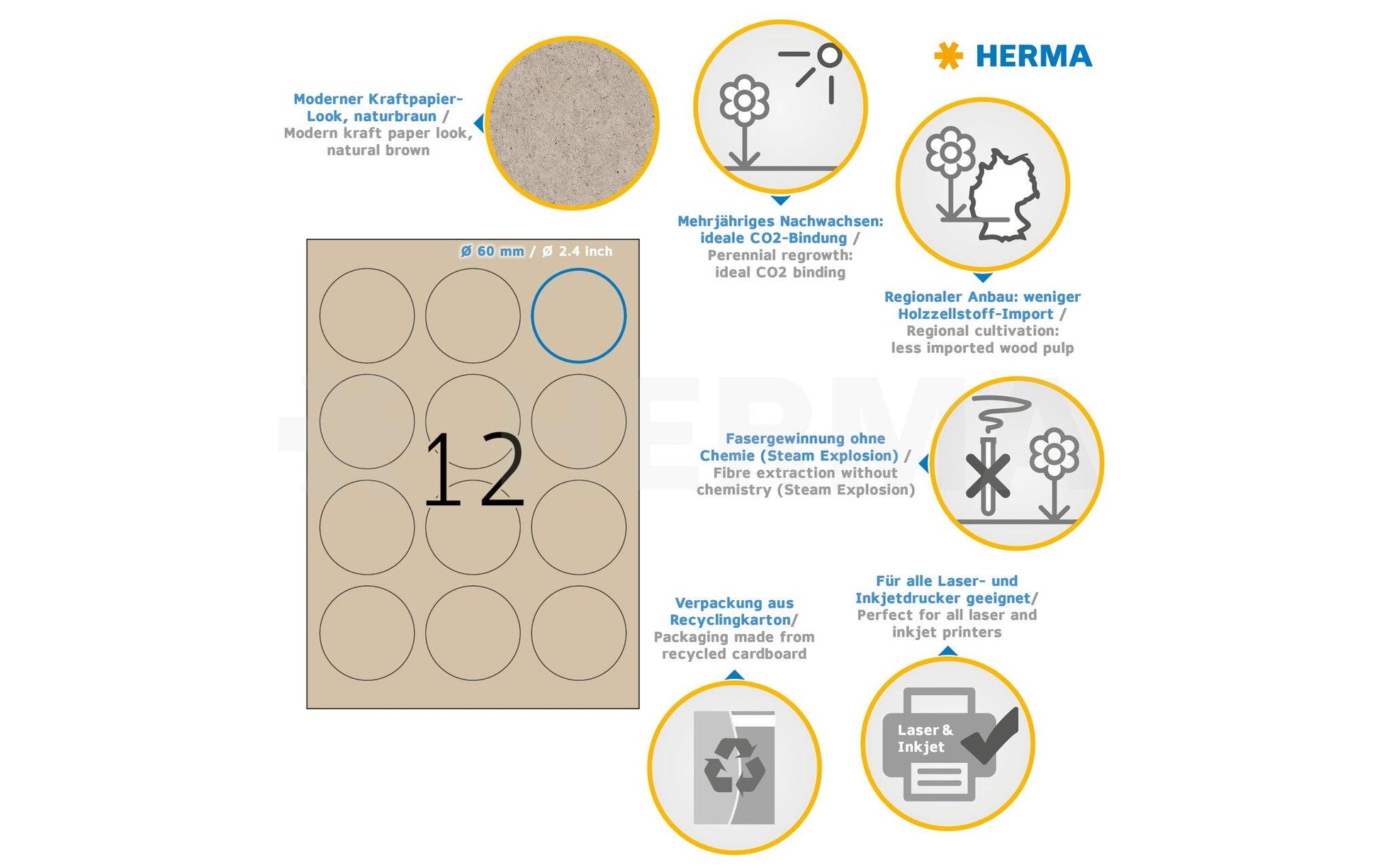 HERMA Druckeretiketten, Ø 60 mm, braun, Papier, permanent, 20 Blätter (240 Etiketten)