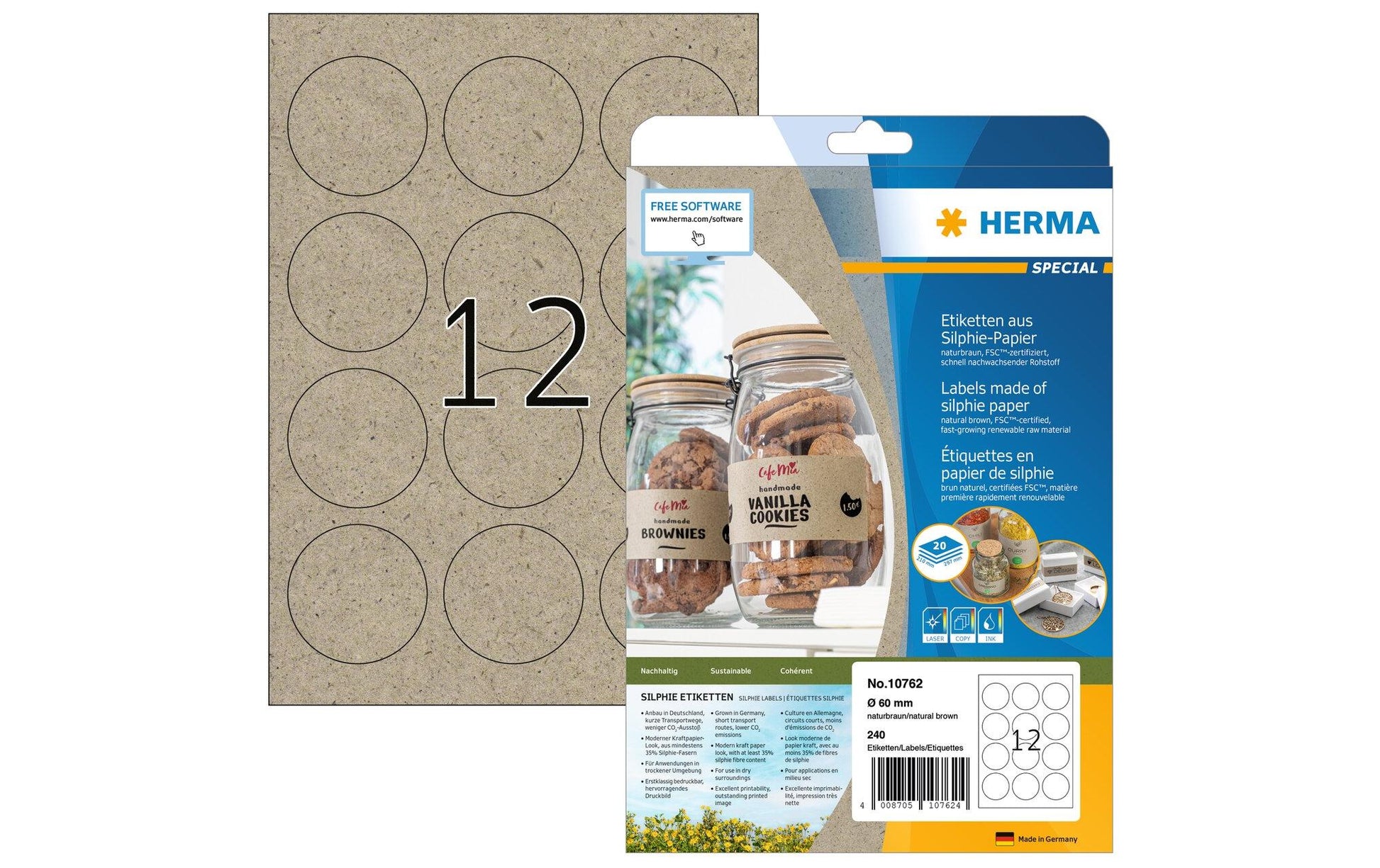 HERMA Druckeretiketten, Ø 60 mm, braun, Papier, permanent, 20 Blätter (240 Etiketten)
