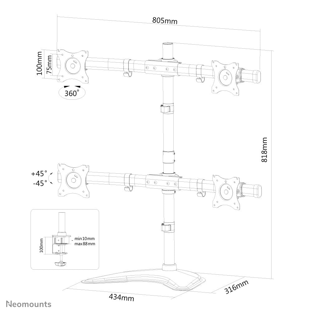 Neomounts Monitorarm, 4, bis 27", VESA 75 × 75/100 × 100 mm, 8 kg, schwarz
