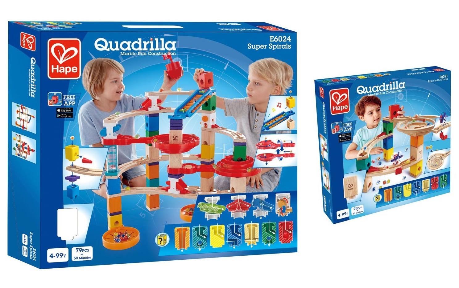 Hape QUADRILLA Super Spiralburg & Endspurt Kugelbahn – 107-teilig – ab 4 J. – Kunststoff, Glas, Holz