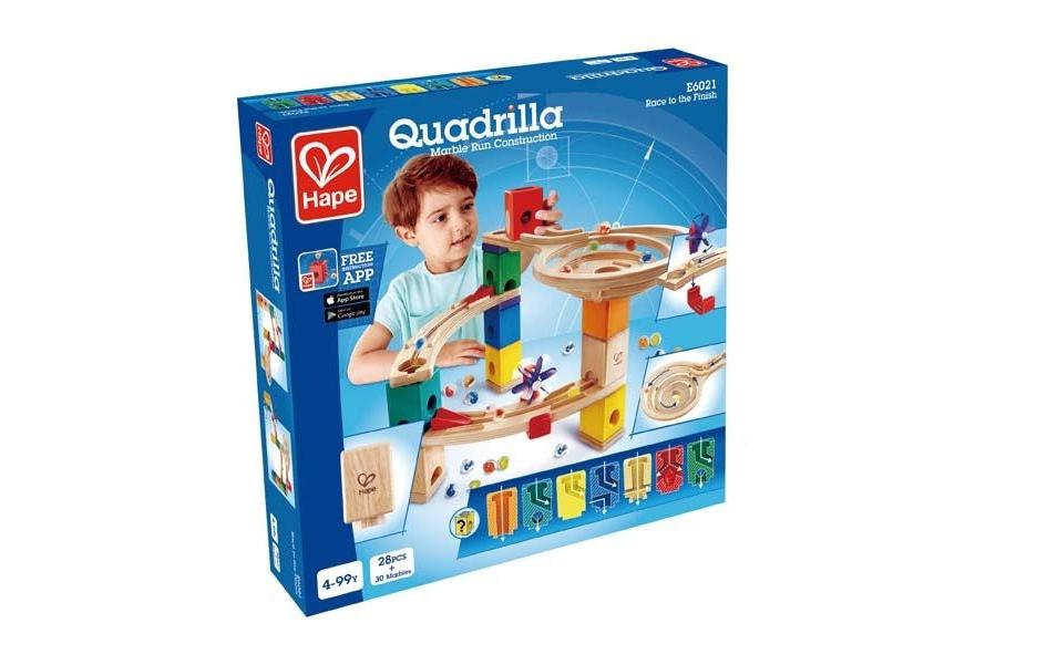 Hape QUADRILLA Super Spiralburg & Endspurt Kugelbahn – 107-teilig – ab 4 J. – Kunststoff, Glas, Holz