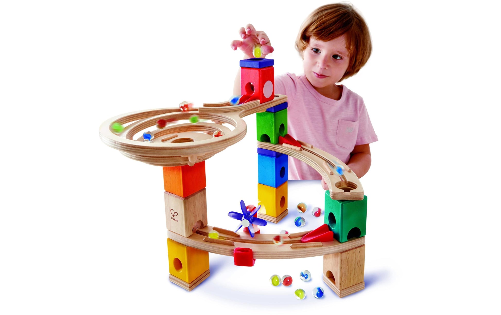Hape QUADRILLA Super Spiralburg & Endspurt Kugelbahn – 107-teilig – ab 4 J. – Kunststoff, Glas, Holz
