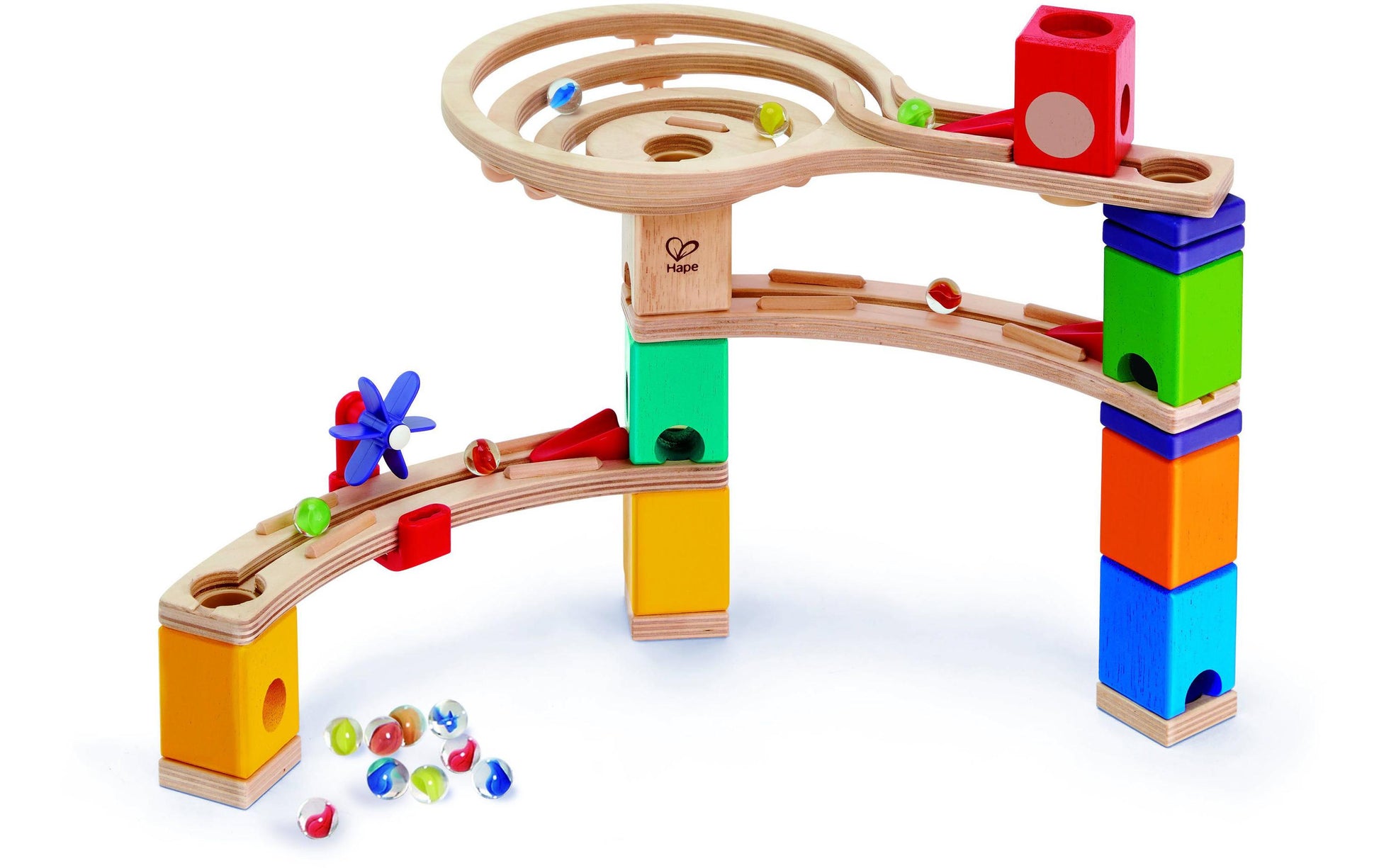 Hape QUADRILLA Super Spiralburg & Endspurt Kugelbahn – 107-teilig – ab 4 J. – Kunststoff, Glas, Holz