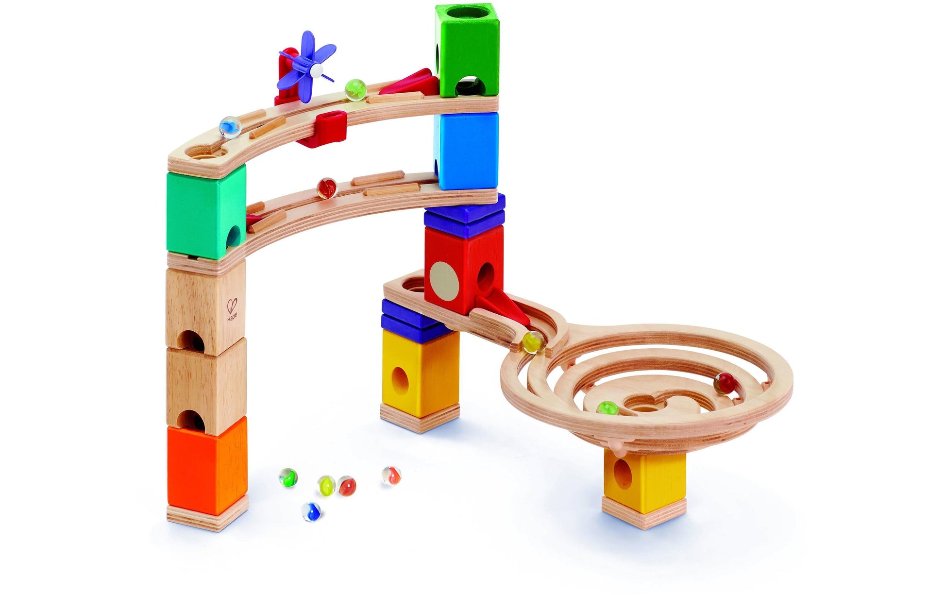Hape QUADRILLA Super Spiralburg & Endspurt Kugelbahn – 107-teilig – ab 4 J. – Kunststoff, Glas, Holz