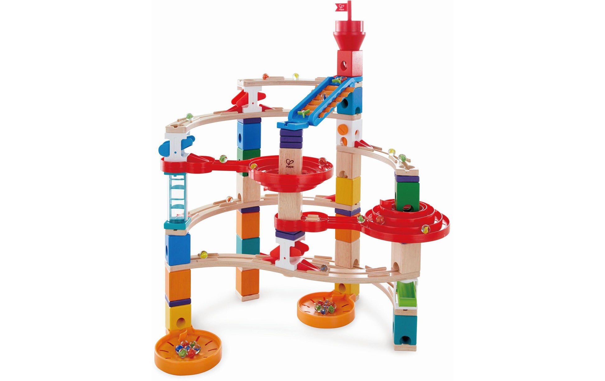 Hape QUADRILLA Super Spiralburg & Endspurt Kugelbahn – 107-teilig – ab 4 J. – Kunststoff, Glas, Holz