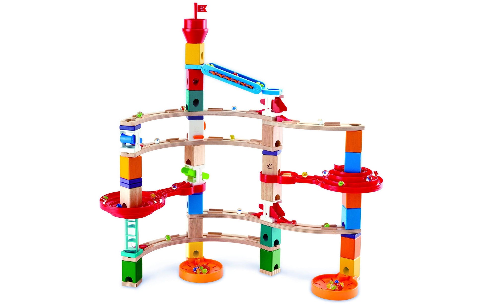 Hape QUADRILLA Super Spiralburg & Endspurt Kugelbahn – 107-teilig – ab 4 J. – Kunststoff, Glas, Holz
