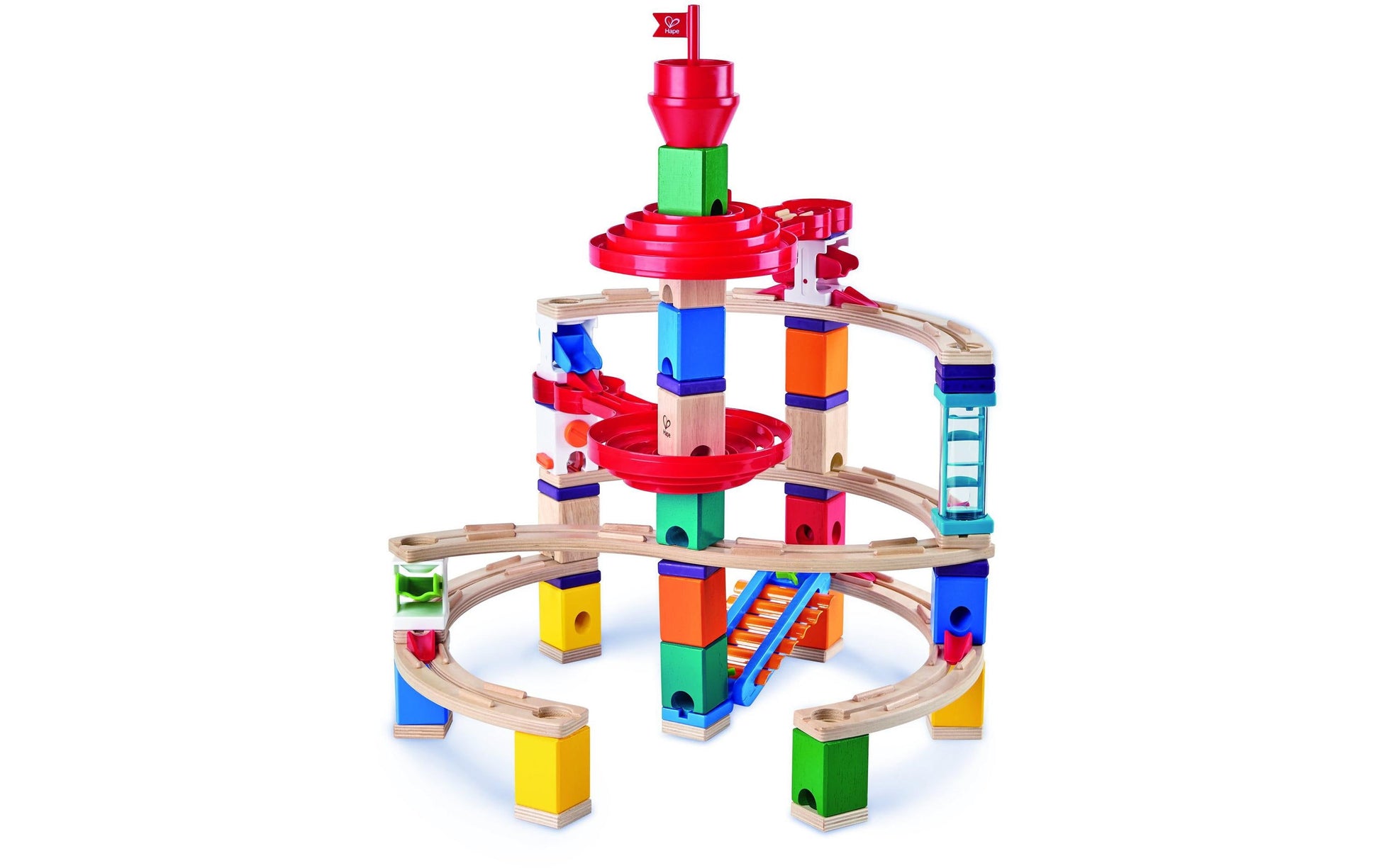 Hape QUADRILLA Super Spiralburg & Endspurt Kugelbahn – 107-teilig – ab 4 J. – Kunststoff, Glas, Holz
