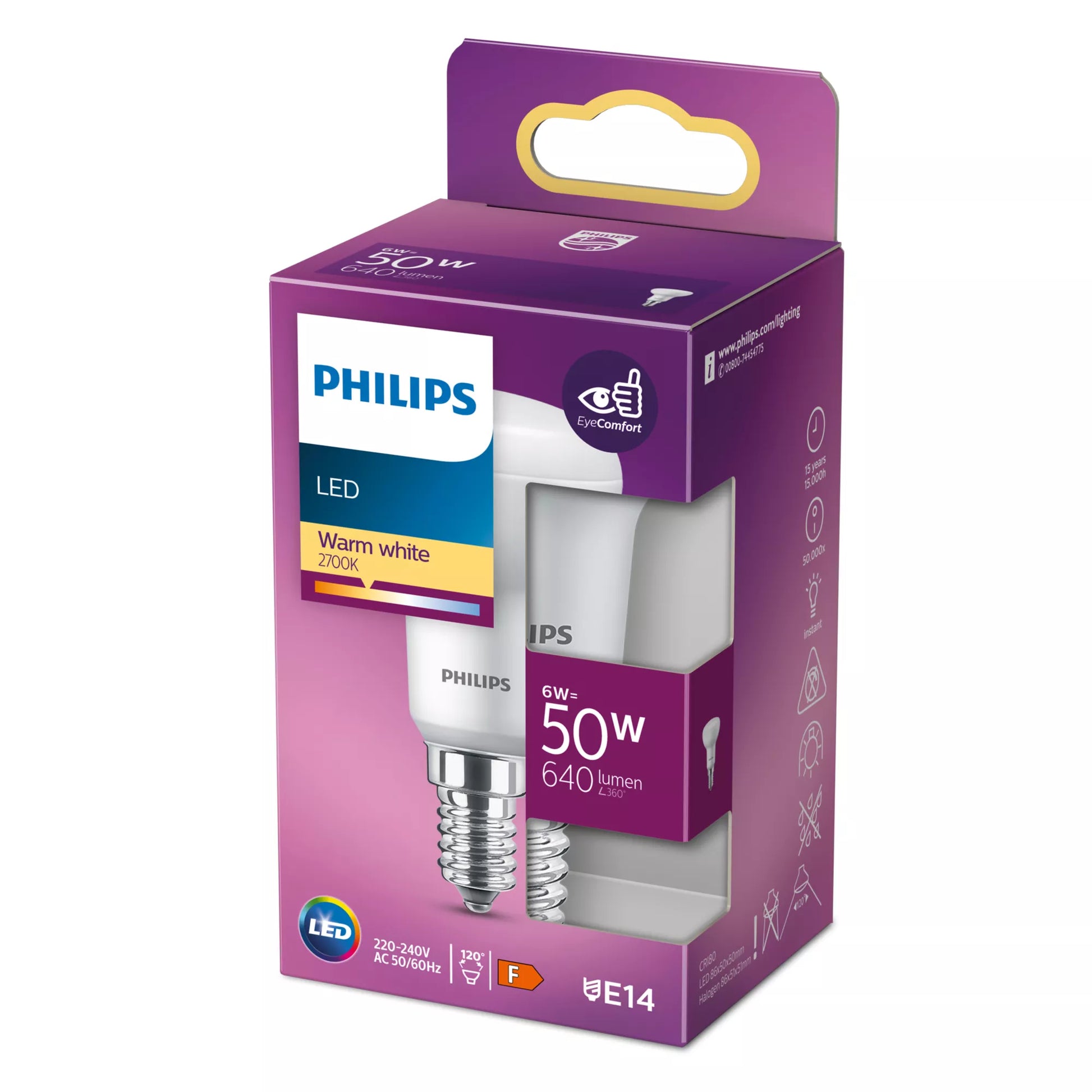 Philips by Signify Philips LED-Reflektor E14 R50 – Warmweiss 2700 K, 640 lm, 6 W, 120° – 1 Stk., Silber, Kunststoff