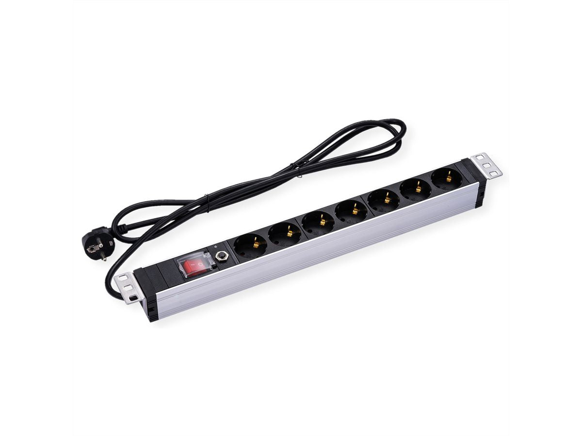 VALUE 19" Steckdosenleiste, 7× Schuko (Typ F), mit Schalter, 1U, 3 m, Stecker CEE 7/7