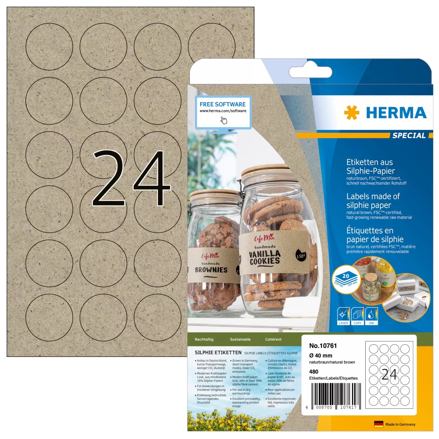 HERMA Druckeretiketten, Ø 40 mm, braun, Papier, permanent, 480 Etiketten (20 Blatt)