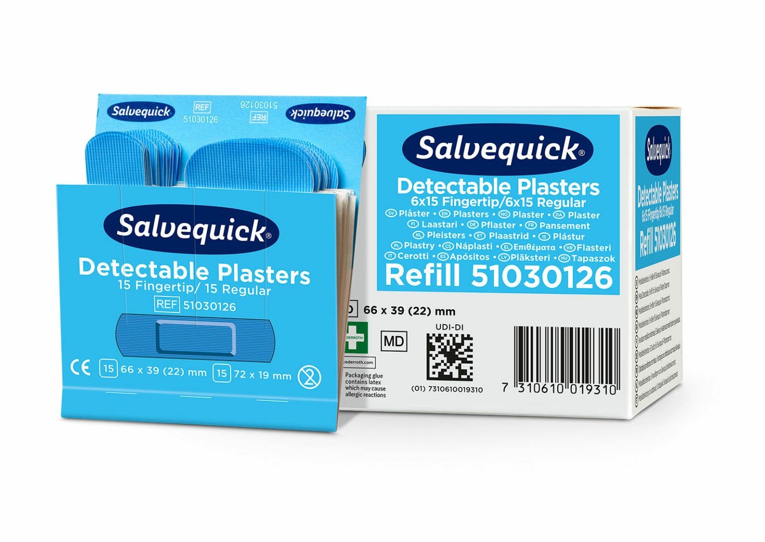 Cederroth Pflaster-Nachfüllpackung detektierbar, sortiert – 30 Stück, für Salvequick Spender, blau
