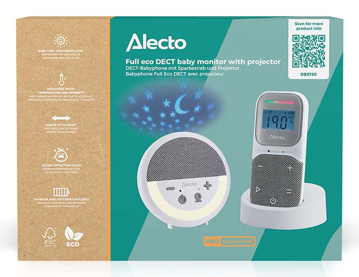 Alecto DBX150 – DECT-Babyphone, 2-Wege-Audio, Nachtlicht, Reichweite 50 m/300 m, Akku 16 h, Hygrometer