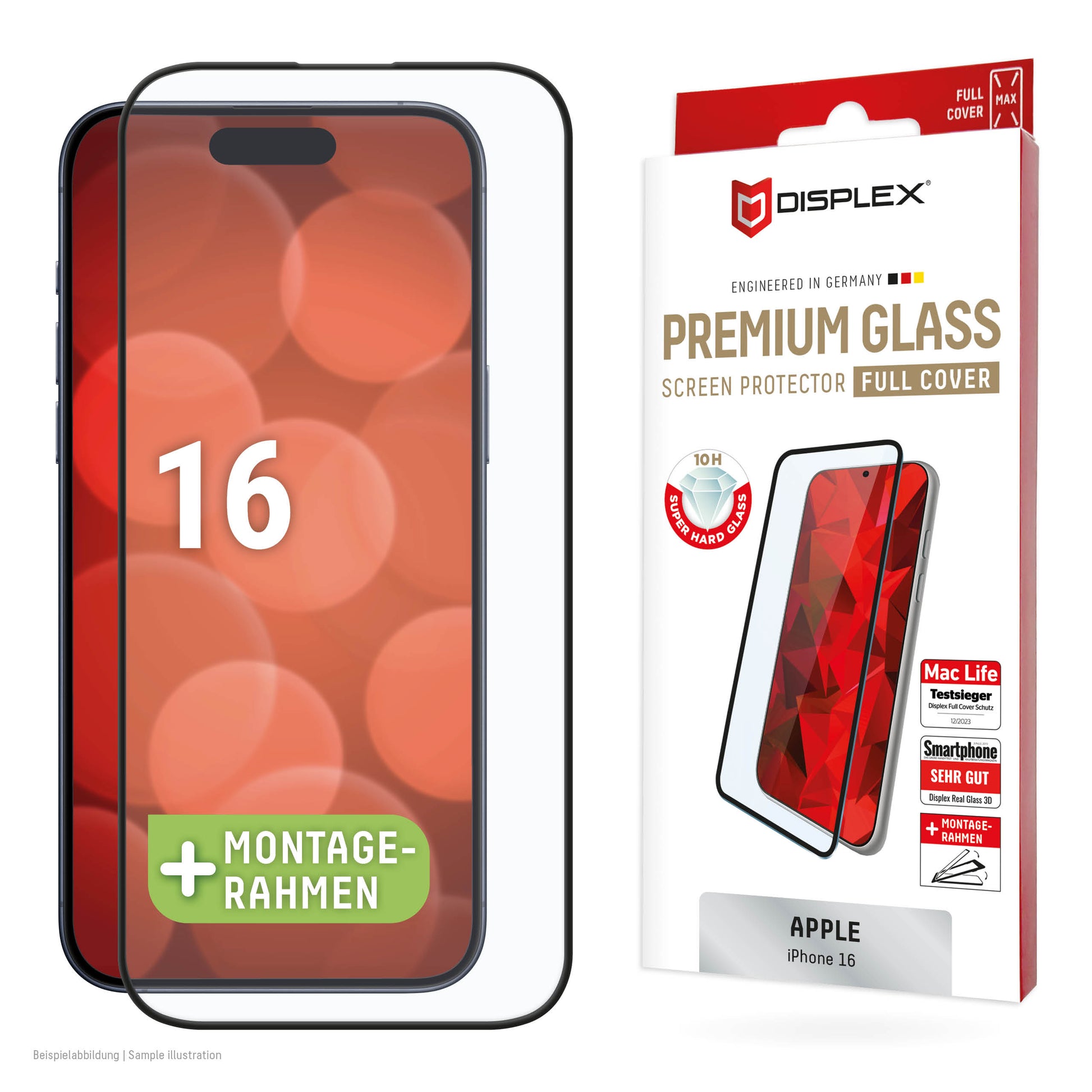 Displex Displayschutz (Panzerglas), Full Cover – für iPhone 16 – mit Applikator
