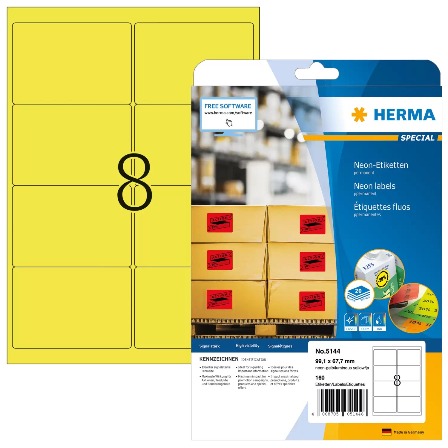 HERMA Schuletiketten – Motiv Neongelb – 99,1×67,7 mm, Abgerundete Ecken, 160 Stück, 20 Bogen