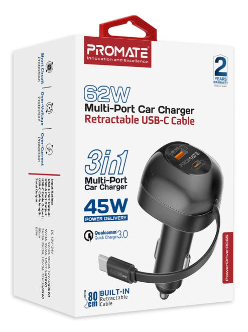 Promate PowerDrive-RC65 Auto-Ladegerät 62 W – USB-C×1, USB-A×1 – PD, QC 3.0 – 12 V KFZ-Stecker