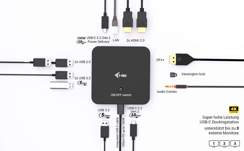 i-tec Dockingstation – USB-C, 1× DP, 2× HDMI, 5× USB-A, 100 W PD, GbE, für Windows/Mac/ChromeOS